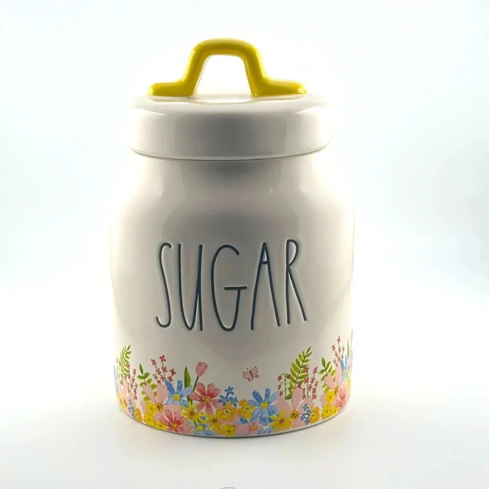 Rae Dunn Spring/Floral/Flowers ‘Sugar’ Ceramic Canister Food storage w/lid 8”
